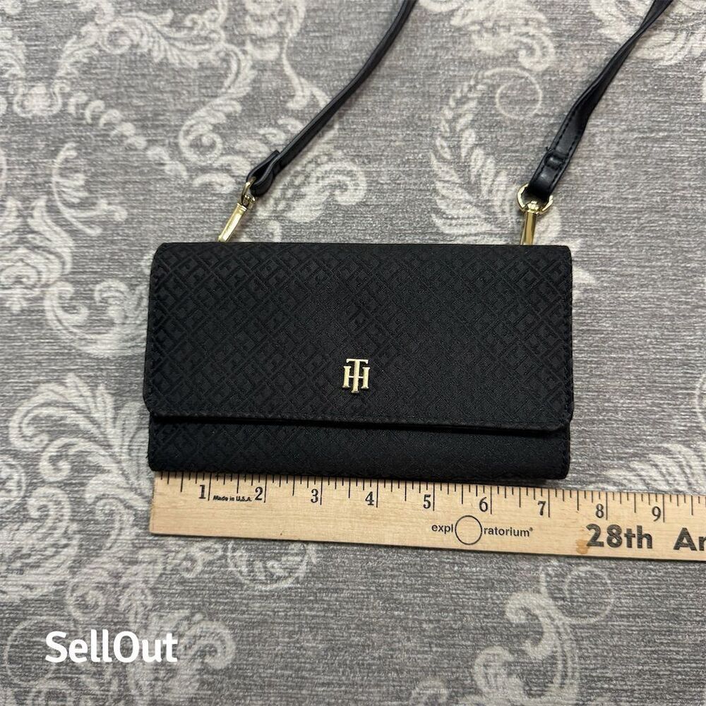 Tommy Hilfiger Women's Black Crossbody Wallet Purse Monogram Embossed